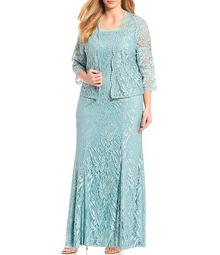 Plus Size Embroidered Stretch Lace Square Neck Jacket Dress