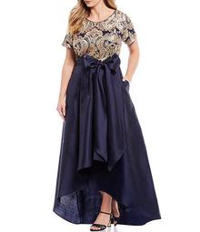 Plus Size Bow Waist Embroidered Sequin Lace Hi-Low Mikado Skirt Ball Gown