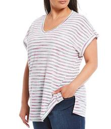Plus Size Multi Stripe Short Sleeve V-Neck Cotton Blend Top
