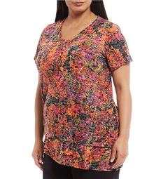 Plus Size Abstract Floral Short Sleeve Asymmetric V-Neck Tunic