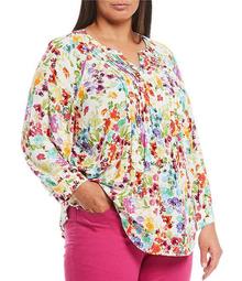 Plus Size Sunsation Floral 3/4 Sleeve Pintuck Popover Top