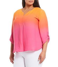 Plus Size 3/4 Roll-Tab Sleeve V-Neck Ombre Top