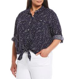 Plus Size Starry Night Elbow Sleeve Tie Front Shirt