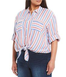 Plus Size Red/Blue Stripe Elbow Sleeve Tie Front Shirt