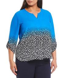Plus Size 3/4 Roll-Tab Sleeve V-Neck Animal Ombre Top