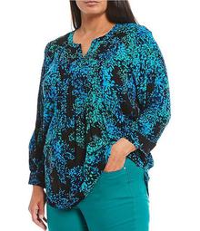 Plus Size Breezy Blossom 3/4 Sleeve Pintuck Popover Top