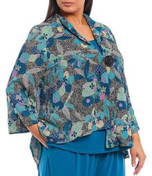 Plus Size Sheer Mesh Print 3/4 Sleeve One Button Jacket