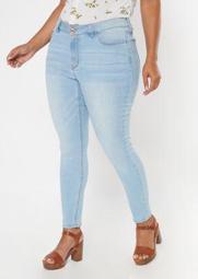Plus Ultimate Stretch Light Wash Mid Rise Jeggings In Short