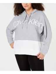 CALVIN KLEIN Womens Gray Color Block Long Sleeve Hooded Hoodie Top Plus  Size: 1X