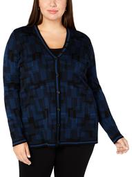 Anne Klein Womens Plus Pattern Long Sleeves Cardigan Sweater Black 0X