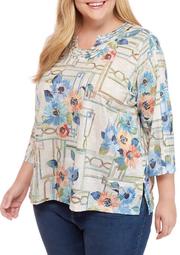 Plus Size 3/4 Sleeve Windowpane Floral Top