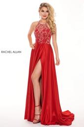 Satin & Sequin Halter A-Line Prom Dress, Red