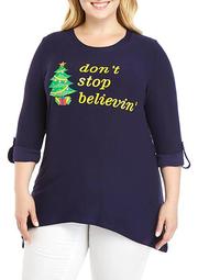 Plus Size 3/4 Sleeve High Low 'Don't Stop Believing' Yummy T-Shirt