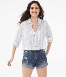 Long Sleeve Striped Cropped Button-Down Shirt