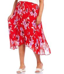 Plus Size Floral Print Pull-On High-Low Pleated Skirt