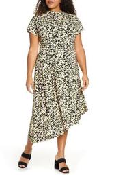 Floral Asymmetrical Hem Stretch Jersey Midi Dress