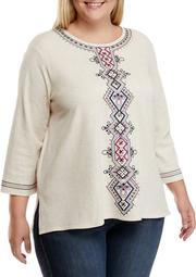 Plus Size Panama City 3/4 Sleeve Medallion Center Embroidery Top