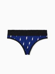 Sapphire Blue Lightning Bolt & Black Wide Lace Shine Thong Panty
