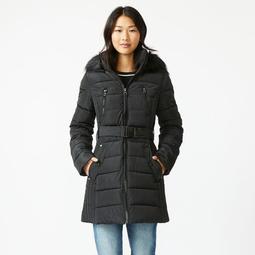 FAUX FUR TRIM HOODED BELTED PUFFER COAT