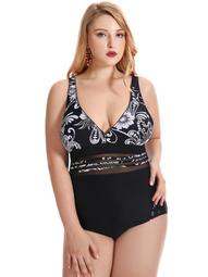 SAYFUT Plus Size Swimsuit for Women Deep V One Piece Swimdress Swimwear Floral Printed Element Bikini Bathing Suits
