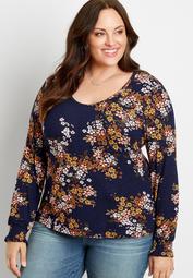 Plus Size 24/7 Blue Floral Long Flutter Sleeve Tuck In Tee