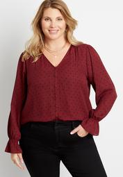 Plus Size Berry Polka Dot Button Front Flutter Sleeve Blouse