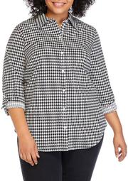 Plus Size Roll Tab Printed Button Up Top