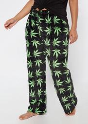 Plus Black Weed Print Plush Sleep Pants