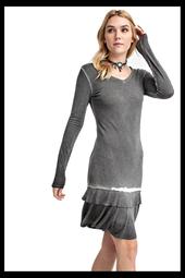 Vocal Black garment dyed knit dress with ruffle and long sleeves