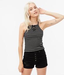 Striped Ribbed Lace-Up Tank***