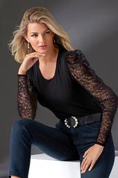 Scoop-Neck Lace Puff-Sleeve Top