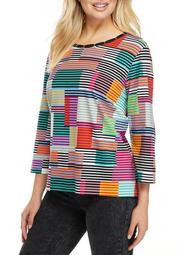 Plus Size Classics 3/4 Sleeve Textured Boxes Printed Top