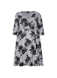 **DP Curve Grey Leaf Print Brushed Dress