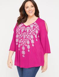 Embroidered Imprint Peasant Top