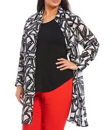 Plus Size Abstract Geo Printed Satin Oxford Shirt Topper
