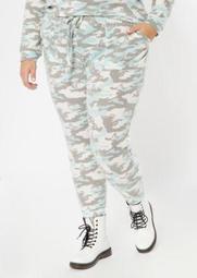 Plus Gray Camo Butterfly Print Ribbed Knit Joggers