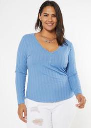 Plus Blue Super Soft Ribbed Snap Henley Top