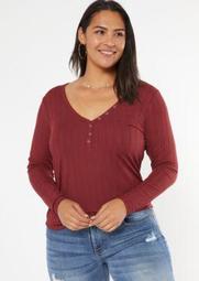 Plus Burgundy Super Soft Ribbed Snap Henley Top