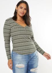 Plus Olive Super Soft Ribbed Snap Henley Top