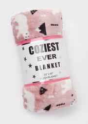 Pink Polar Bear Print Plush Blanket