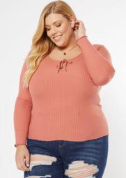 Plus Coral Tie Front Ribbed Knit Top