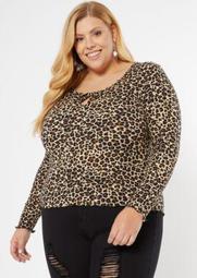 Plus Leopard Print Tie Front Ribbed Knit Top