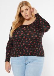 Plus Black Cherry Print Tie Front Ribbed Knit Top