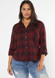Plus Burgundy Plaid Hooded Snap Front Shirt