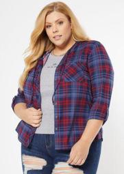 Plus Blue Plaid Hooded Snap Front Shirt