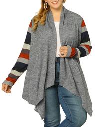 Women's Plus Size Cardigan Stripe Lightweight Open Front Knit Cardigan 4X Gray
