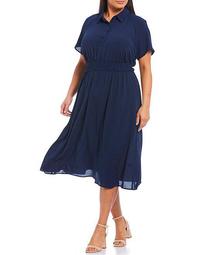 Plus Size Smocked Waist Short Sleeve Crepe Midi Shirt Dress