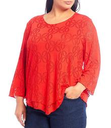 Plus Size Textured Knit Scoop Neck 3/4 Sleeve Double Layer V-Shape Hem Top