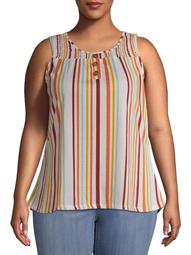 French Laundry Women's Plus Size Smocked Button-Front Printed Tank