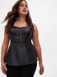 Black Faux Leather Lace Up Peplum Top